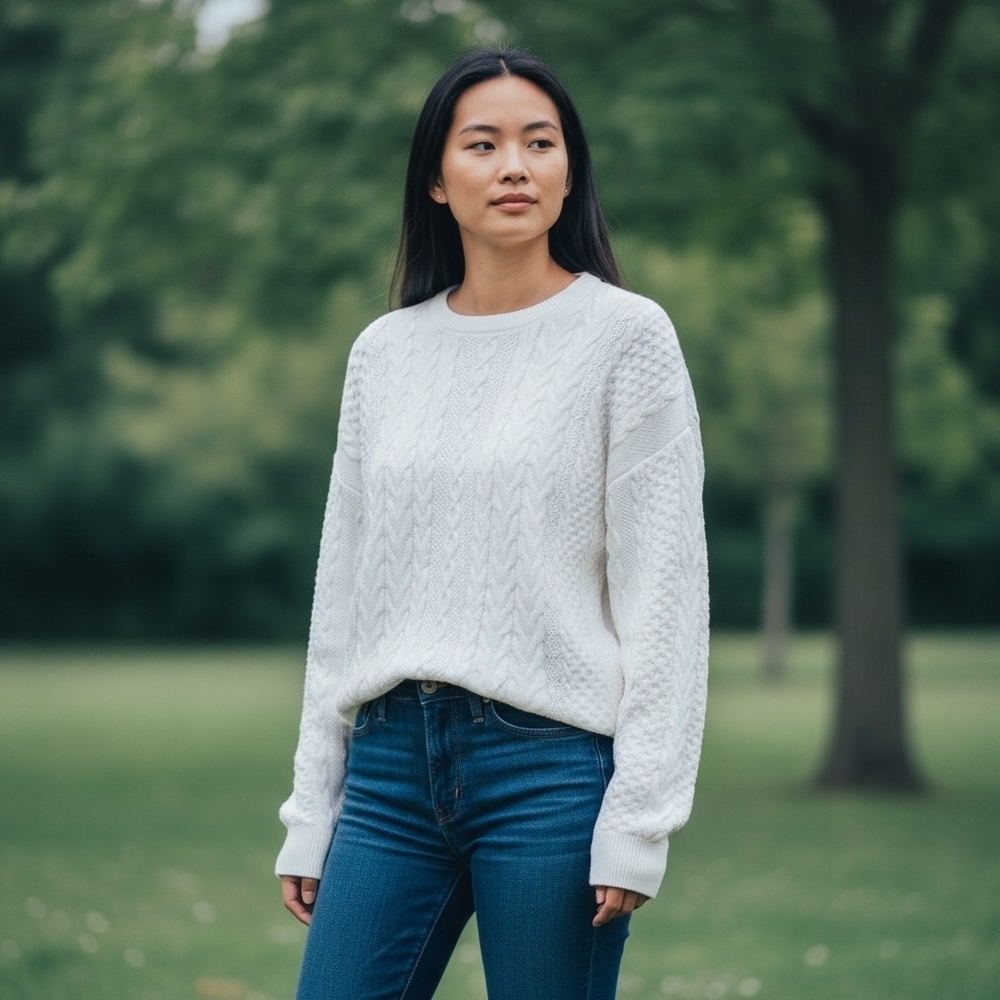 White Textured Cable Knit Sweater Minimalist Capsule Wardrobe